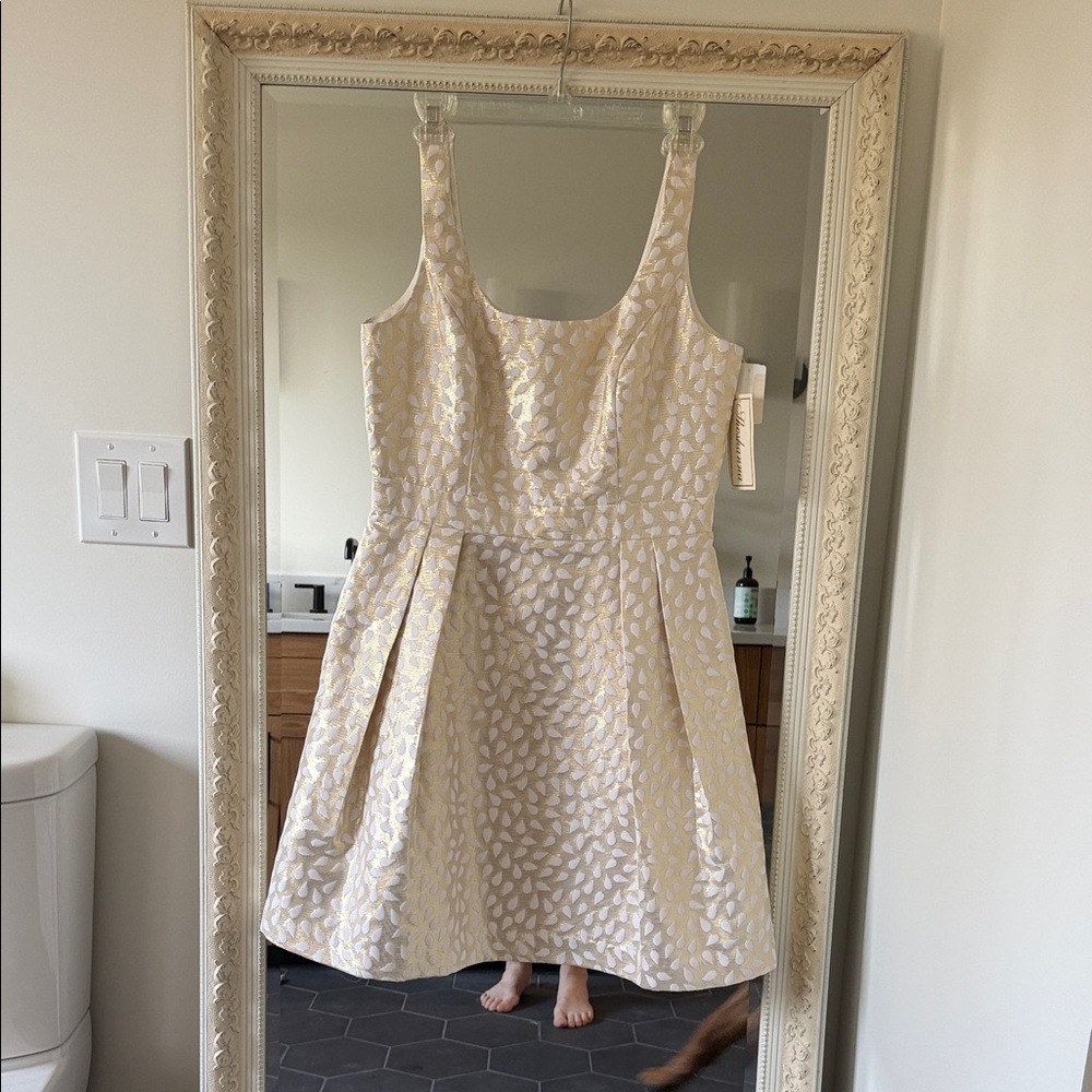 Shoshanna Ivory and Gold Brocade Midi Dress